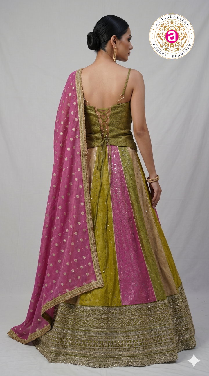 Olive Green & Pink Panelled Designer Lehenga Choli with Embroidered Blouse