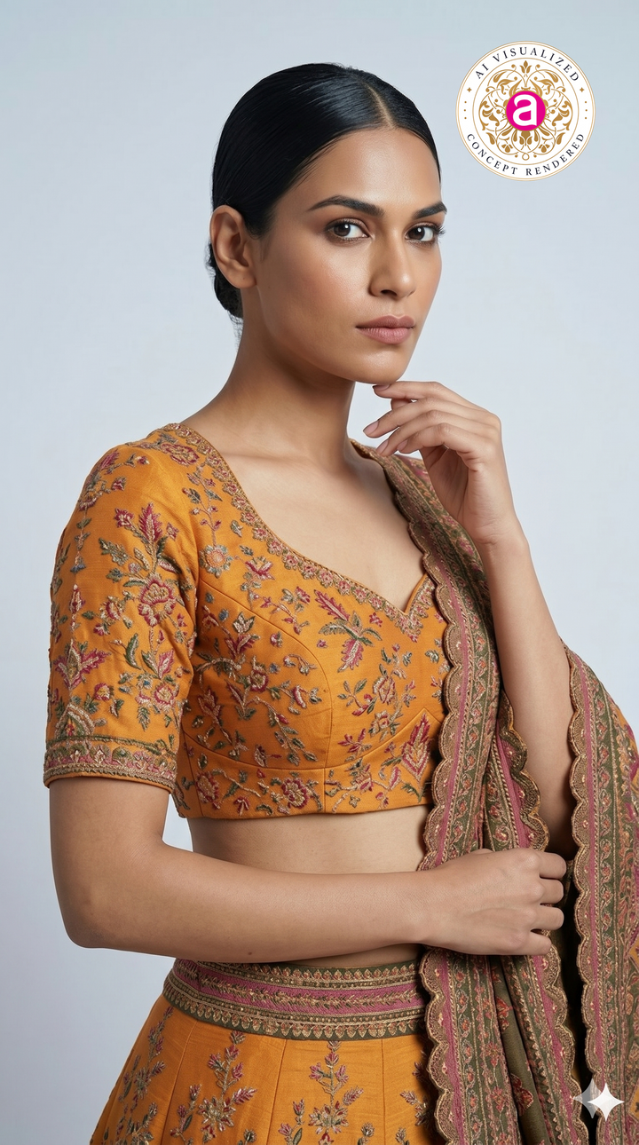 Rust Orange Printed Lehenga Choli with Traditional Border Dupatta