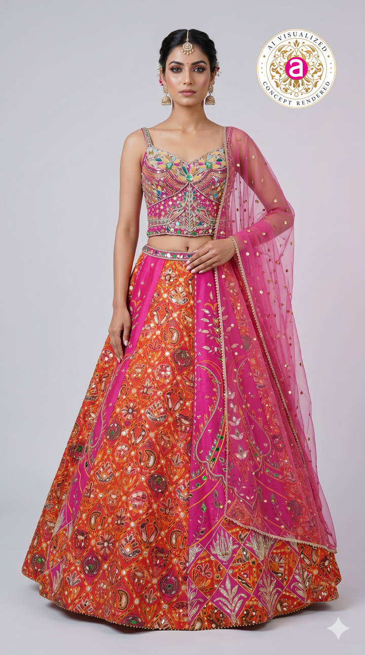 Rani Pink & Orange Embroidered Lehenga Set with Multicolor Blouse & Net Dupatta