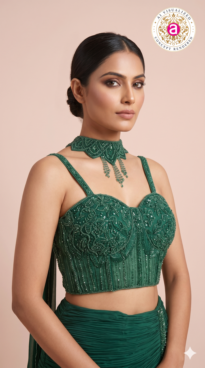 Emerald Green Designer Mermaid Lehenga Set with Embellished Crop Top