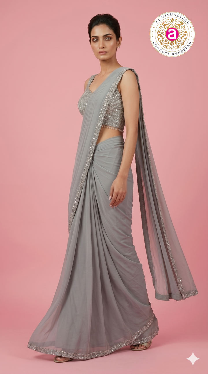 Steel Grey Ready-to-Wear Saree with Sequined Designer Blouse & Elegant Border