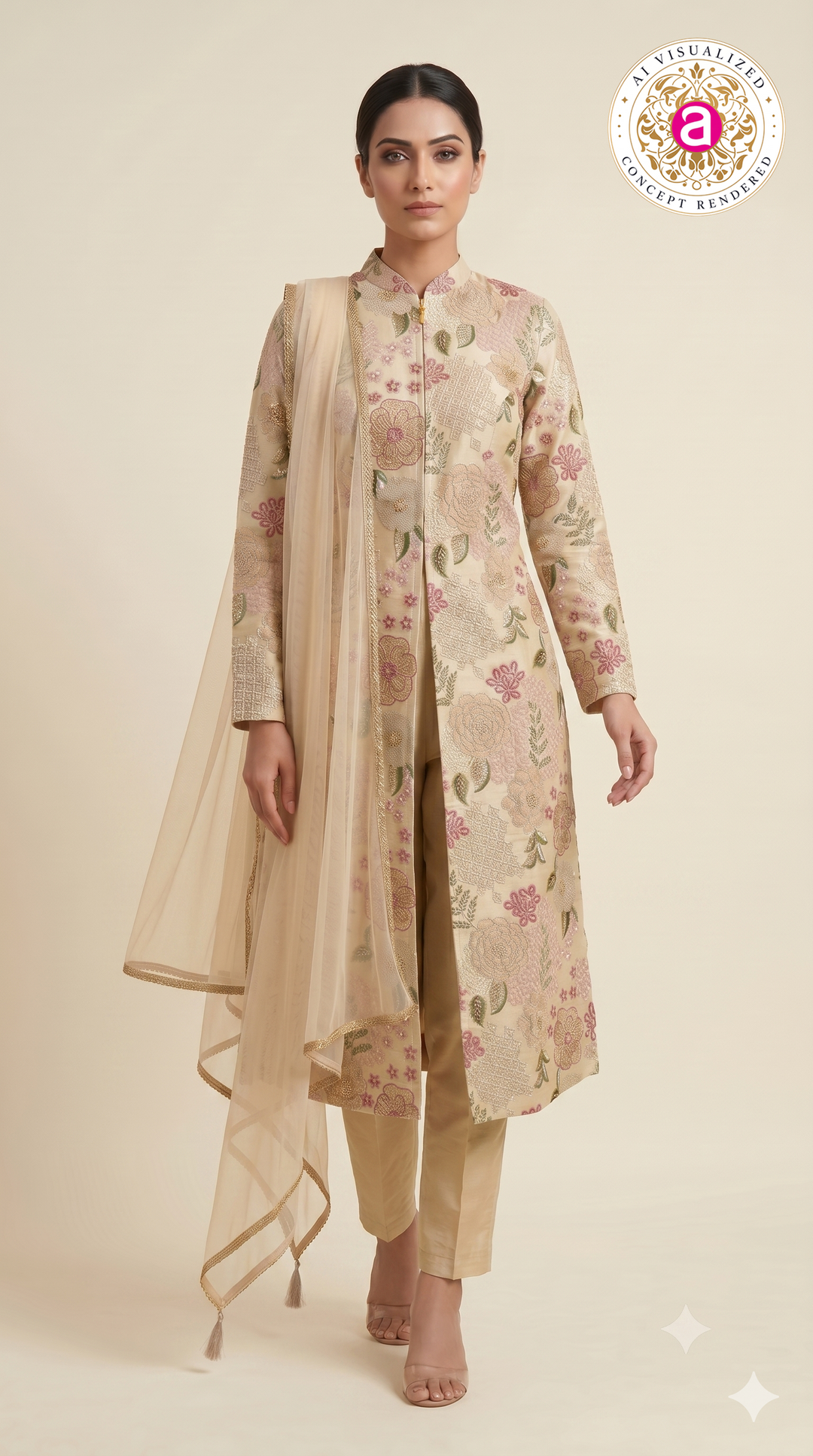 Blush Ivory Floral Embroidered Straight Suit SetBlush Ivory Floral Embroidered Straight Suit Set