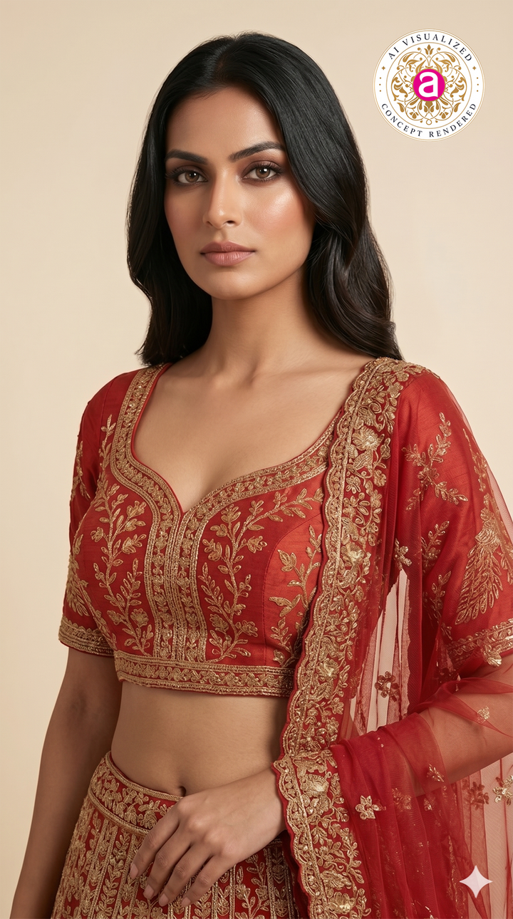 Royal Bridal Red Designer Lehenga Set with Heavy Zari Embroidery & Net Dupatta
