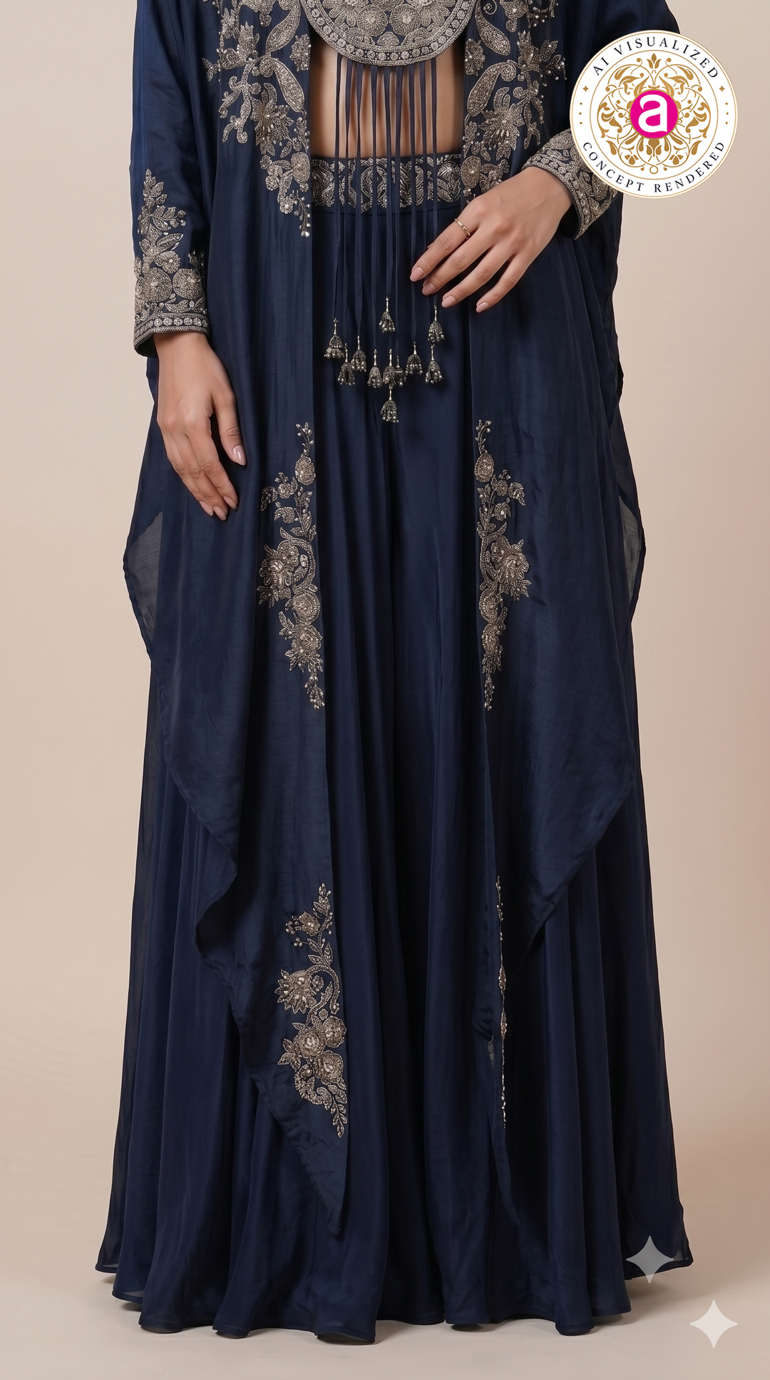 Midnight Blue Embroidered Cape Style Designer Ensemble