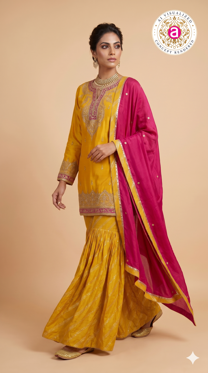 Mustard Yellow Embroidered Sharara Suit Set with Rani Pink Dupatta