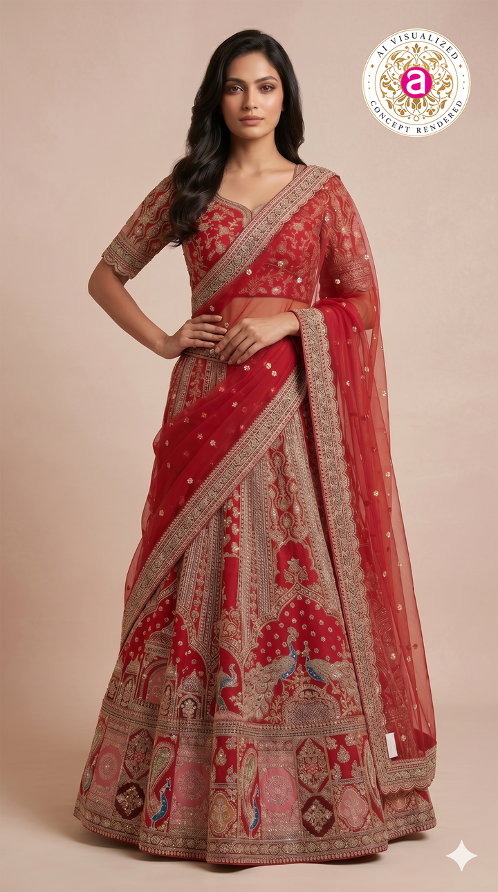 Royal Red Bridal Lehenga Set with Heritage Peacock Embroidery & Designer Net Dupatta
