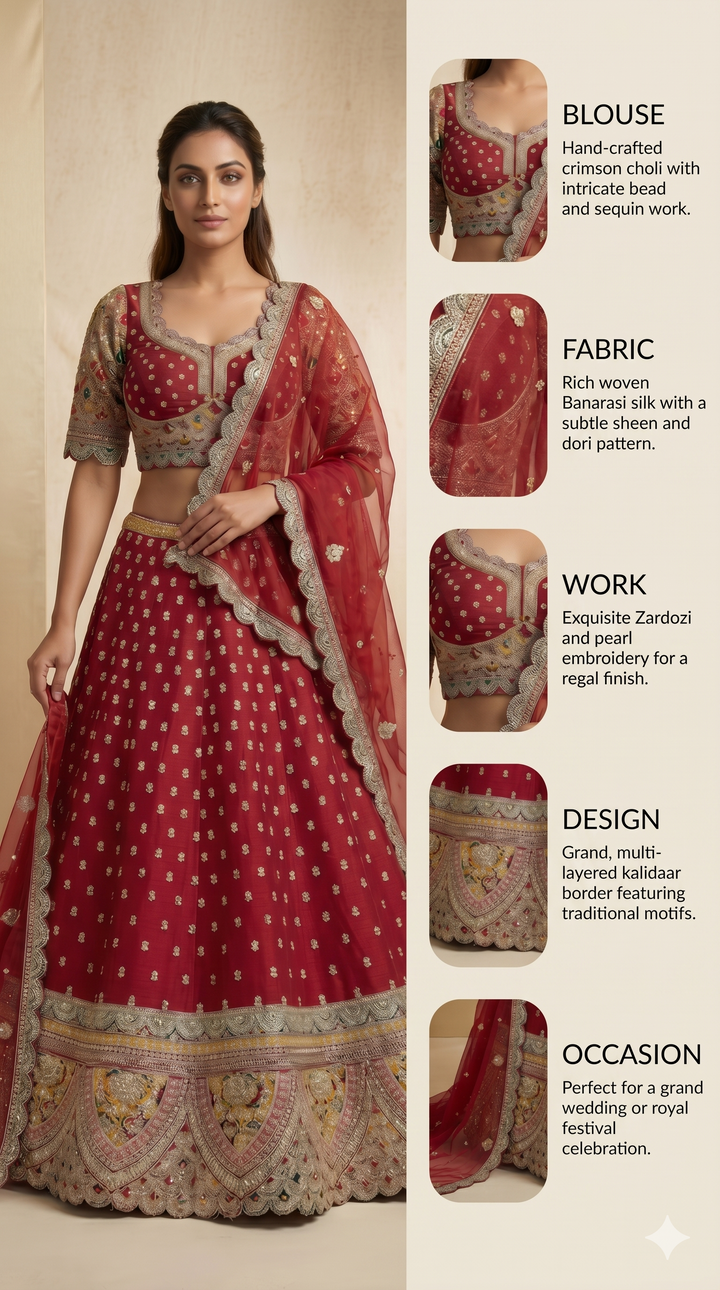 Ruby Red Bridal Lehenga Set with Heritage Embroidered Border & Designer Net Dupatta