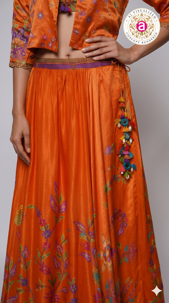 Vibrant Orange Floral Printed Indo-Western Skirt Set with Embroidered Jacket