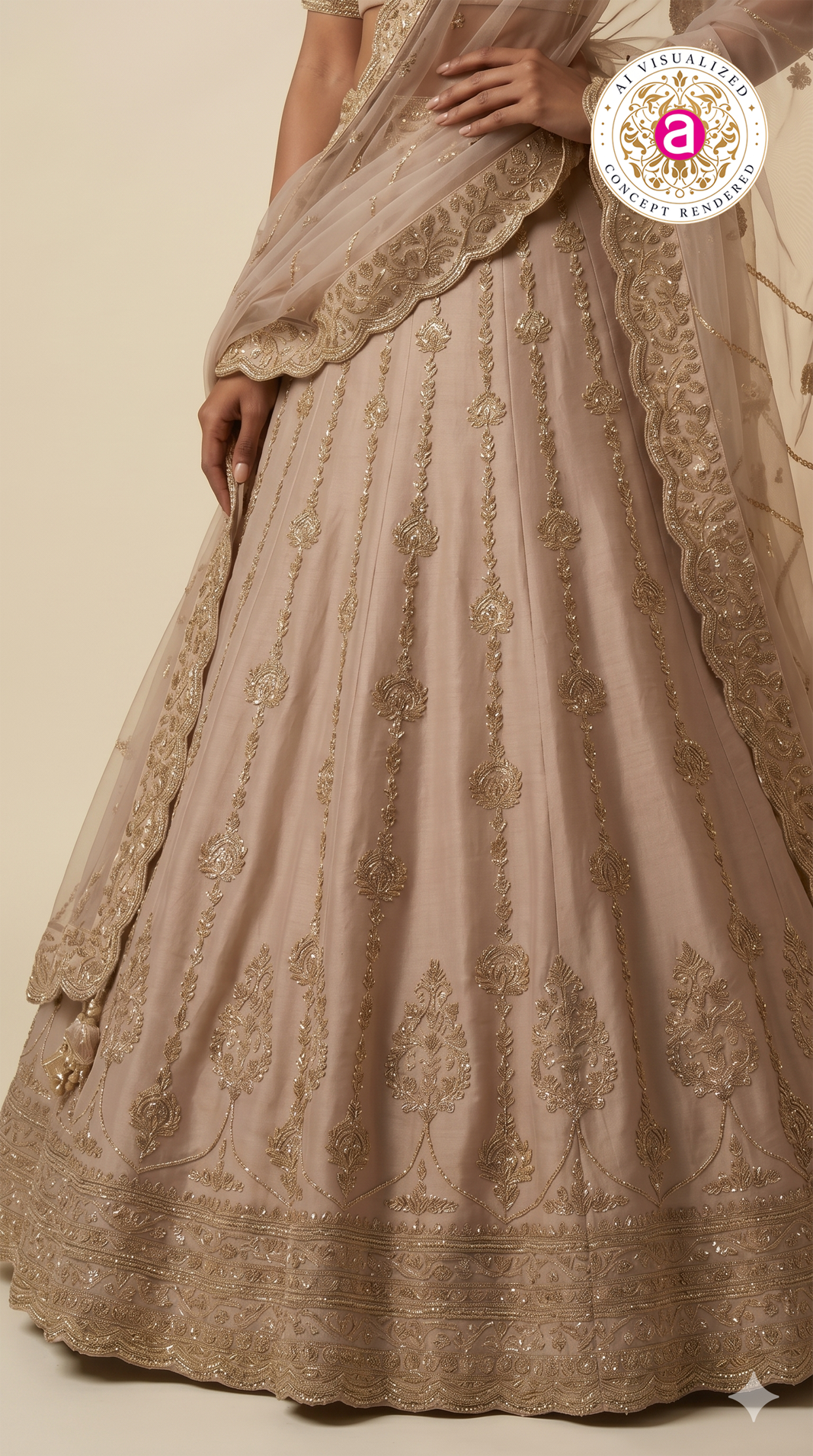 Champagne Beige Designer Bridal Lehenga Set with Heavy Zari Embroidery & Net Dupatta