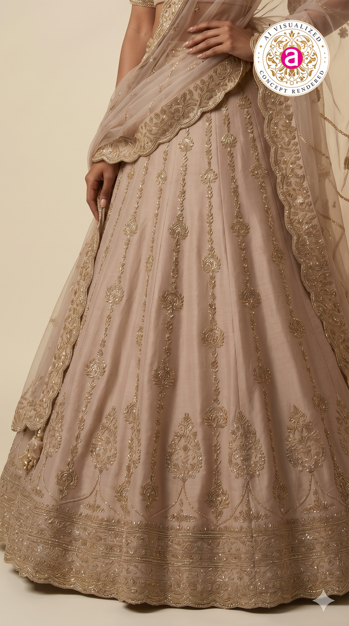 Champagne Beige Designer Bridal Lehenga Set with Heavy Zari Embroidery & Net Dupatta
