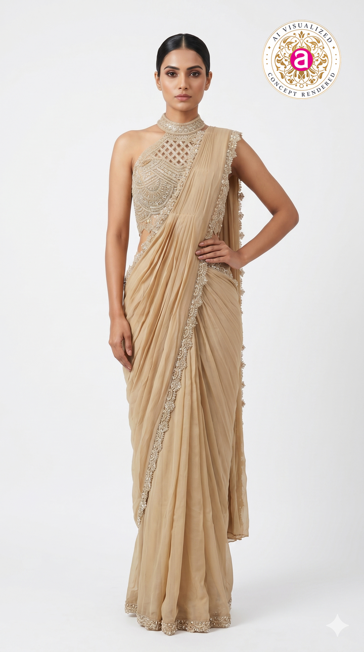 Champagne Beige Ready to Wear Saree with Embellished Halter Blouse