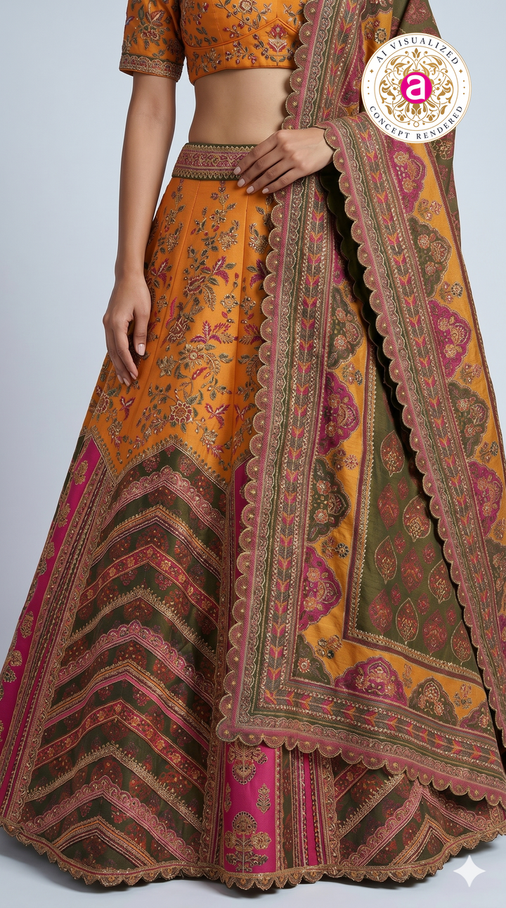 Rust Orange Printed Lehenga Choli with Traditional Border Dupatta