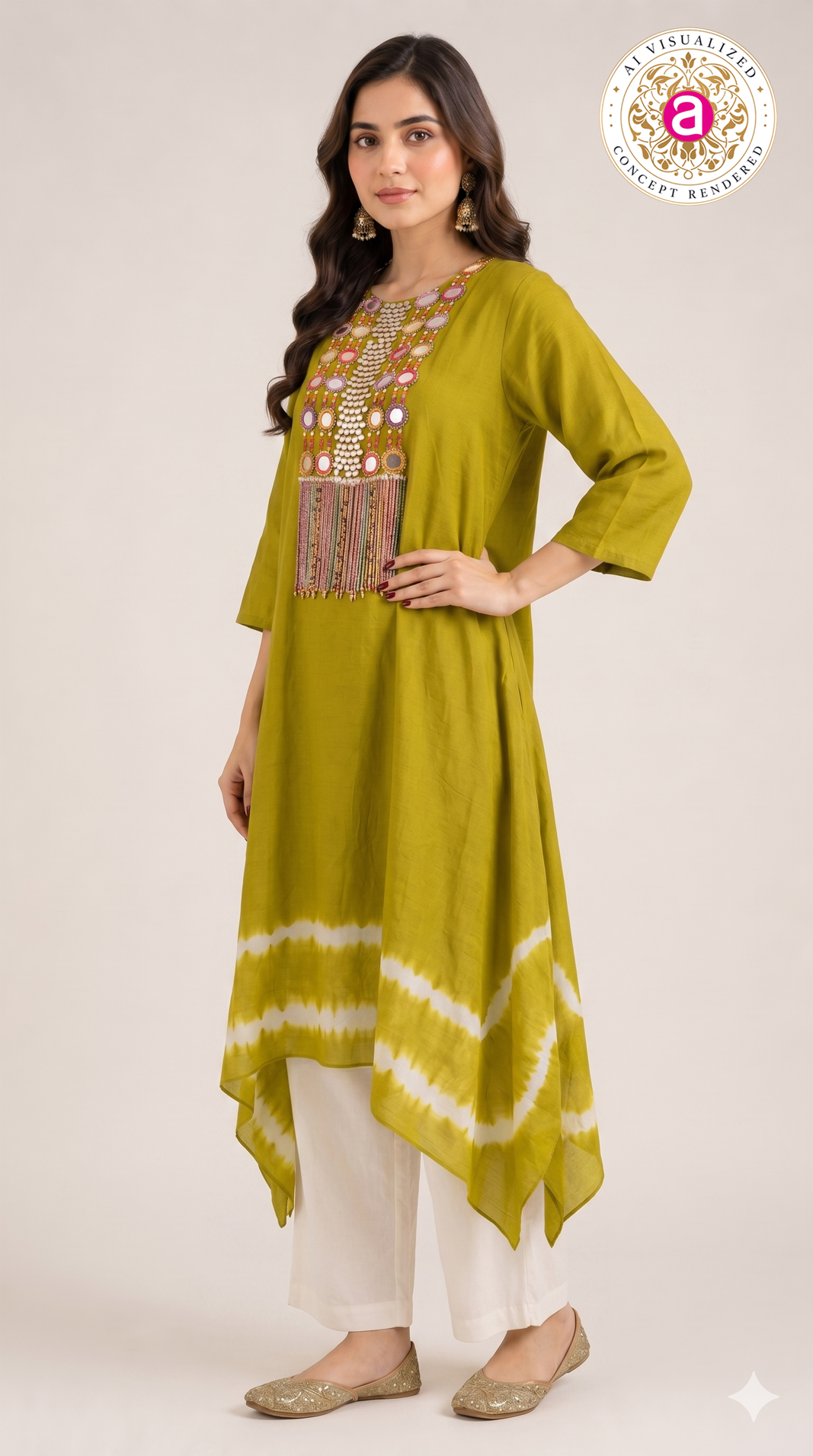 Olive Green Tie-Dye Handwork Kurti with Palazzo Set