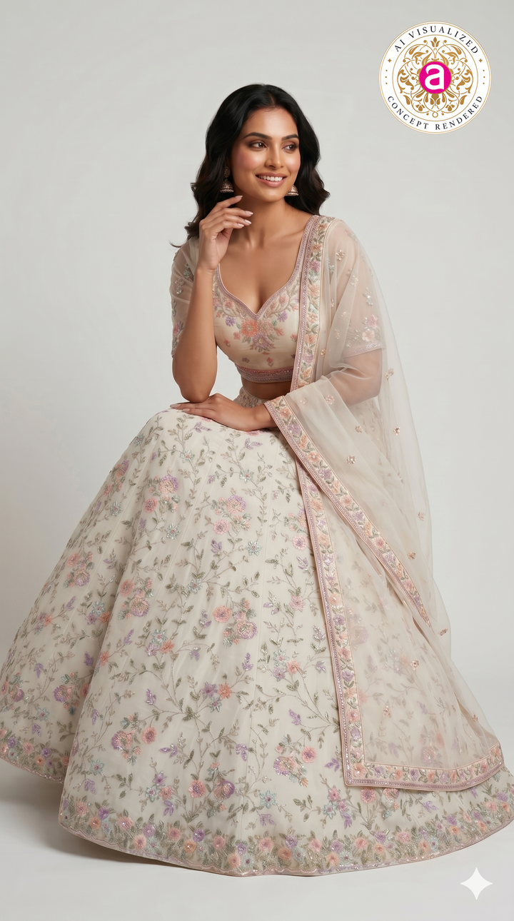Ivory White Floral Embroidered Designer Lehenga Set with Organza Dupatta