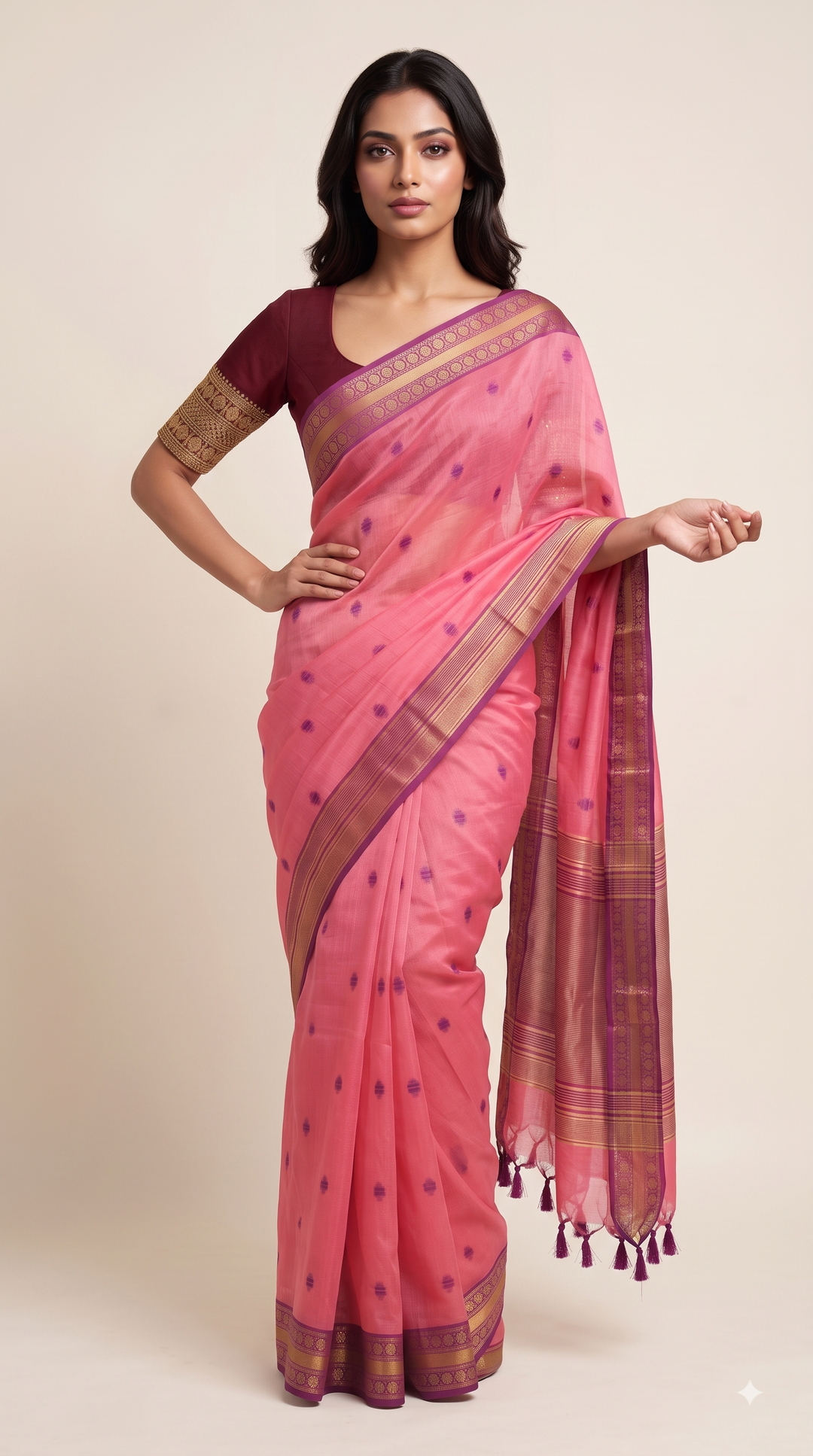 Elegant Handloom Silk Saree with Small Butti Motifs & Rich Zari Border