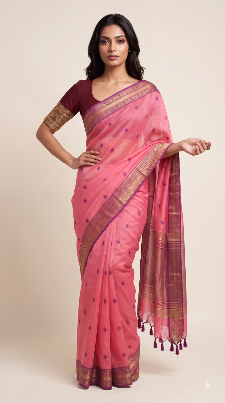 Elegant Handloom Silk Saree with Small Butti Motifs & Rich Zari Border