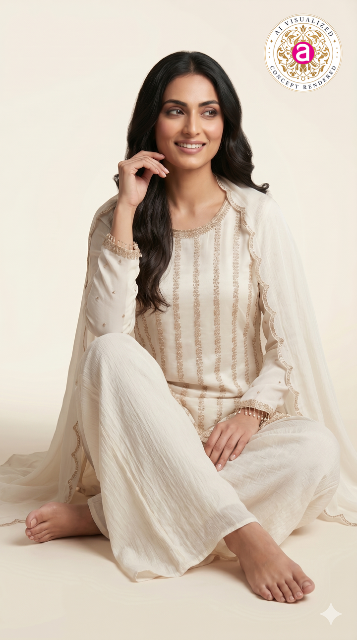 Elegant Ivory Embroidered Kurta Palazzo Set with DupattaElegant Ivory Embroidered Kurta Palazzo Set with Dupatta