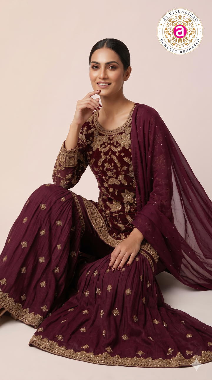 Deep Wine Embroidered Kurta Sharara Set with Dupatta
