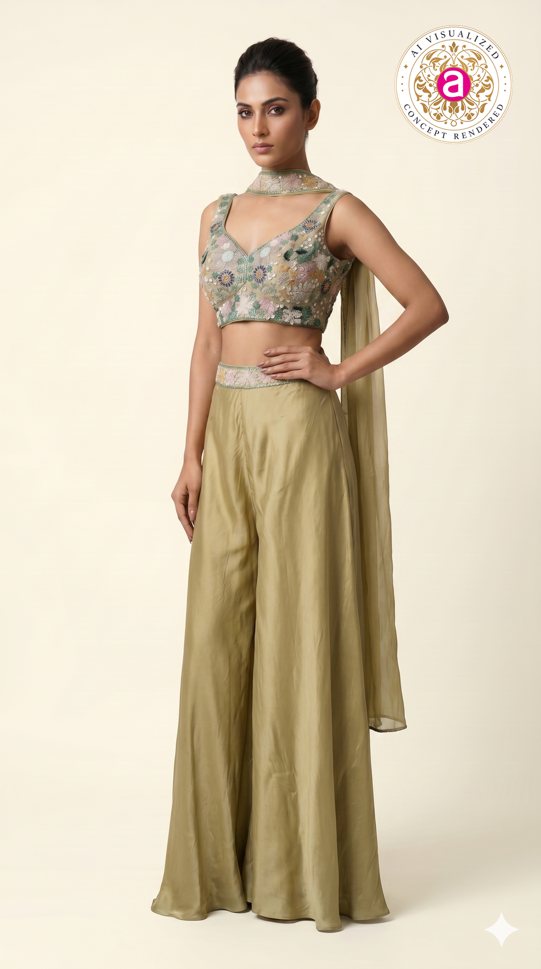 Sage Gold Embroidered Crop Top with Palazzo Pants & Cape Dupatta Set