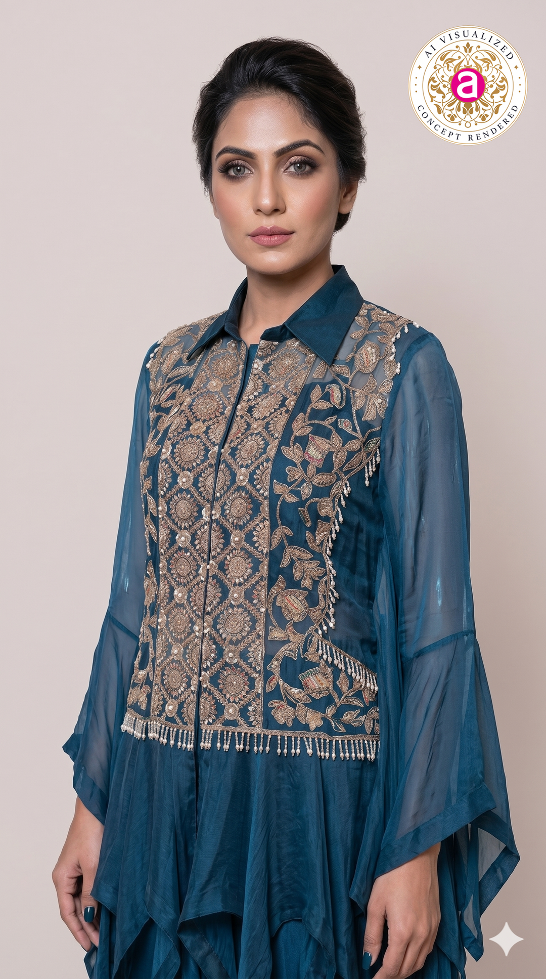 Teal Blue Embroidered Cape Style Designer Co-Ord Set