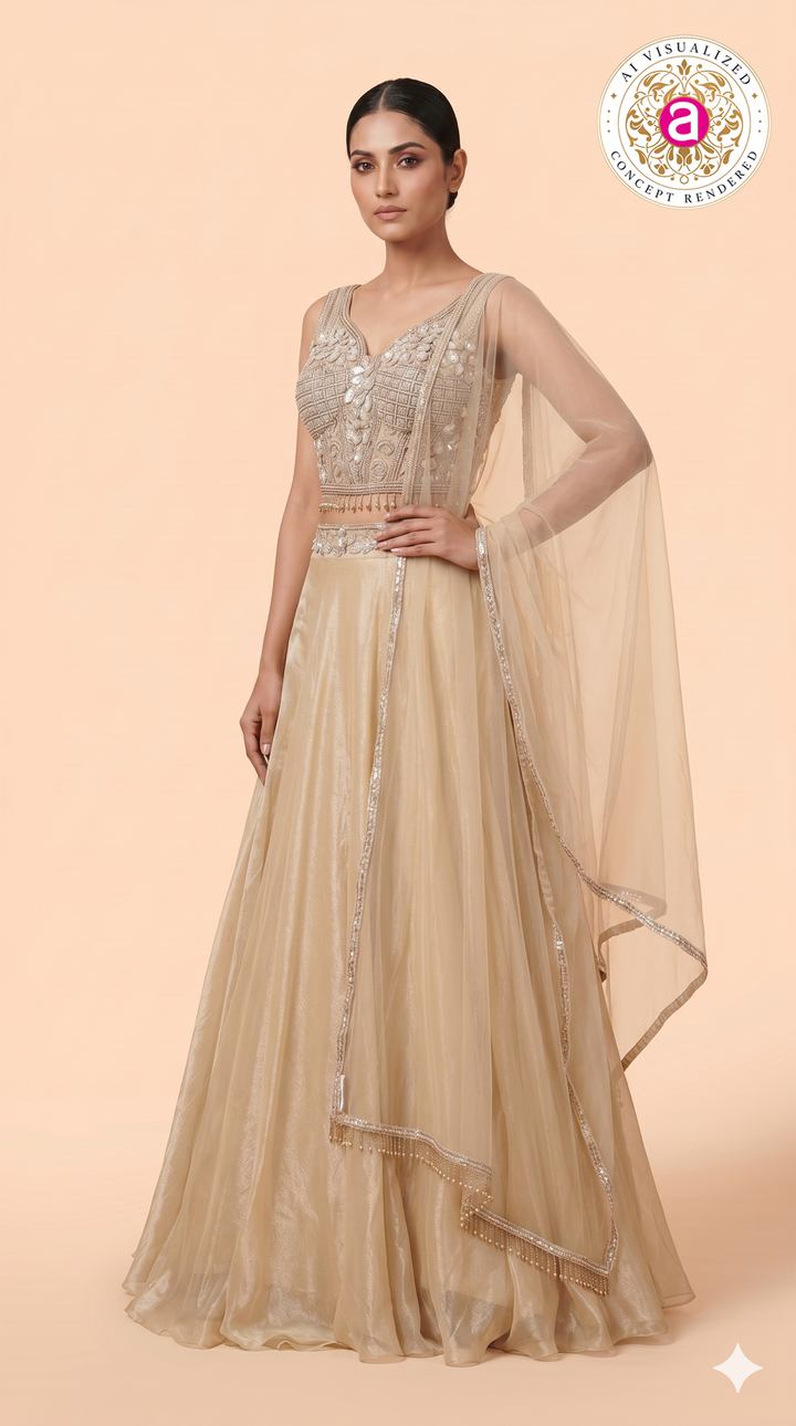 Champagne Gold Embellished Lehenga Set with Sheer Net Dupatta