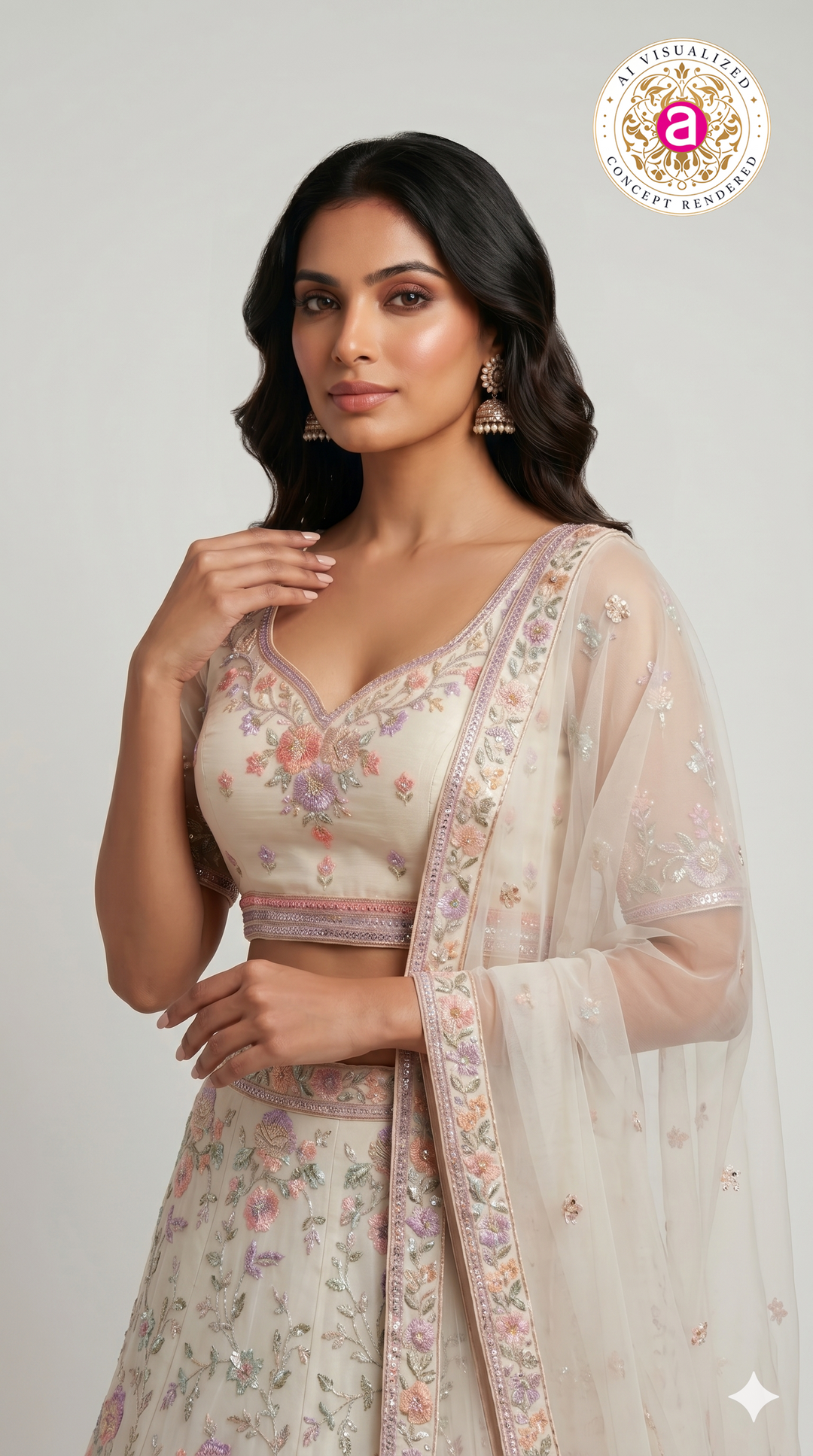 Ivory White Floral Embroidered Designer Lehenga Set with Organza Dupatta