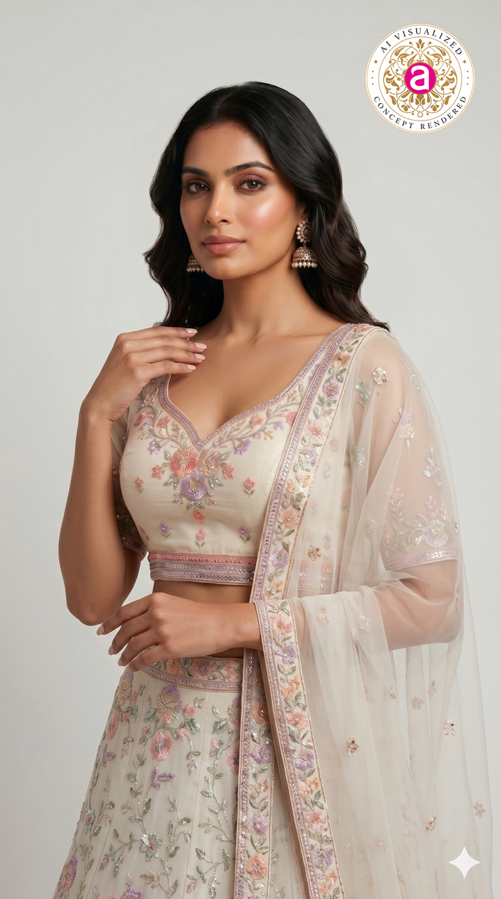 Ivory White Floral Embroidered Designer Lehenga Set with Organza Dupatta