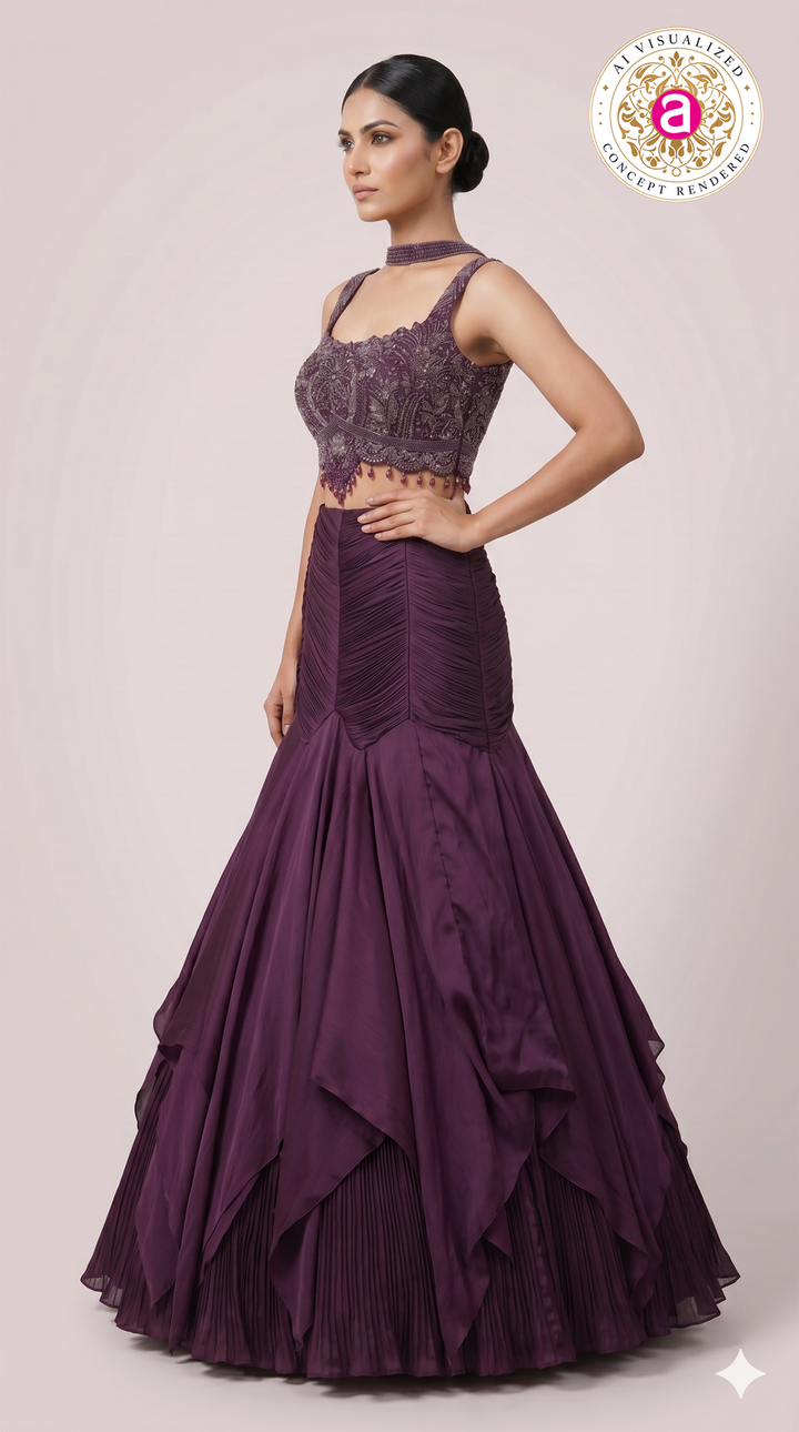 Wine Purple Designer Party Wear Mermaid Lehenga Set