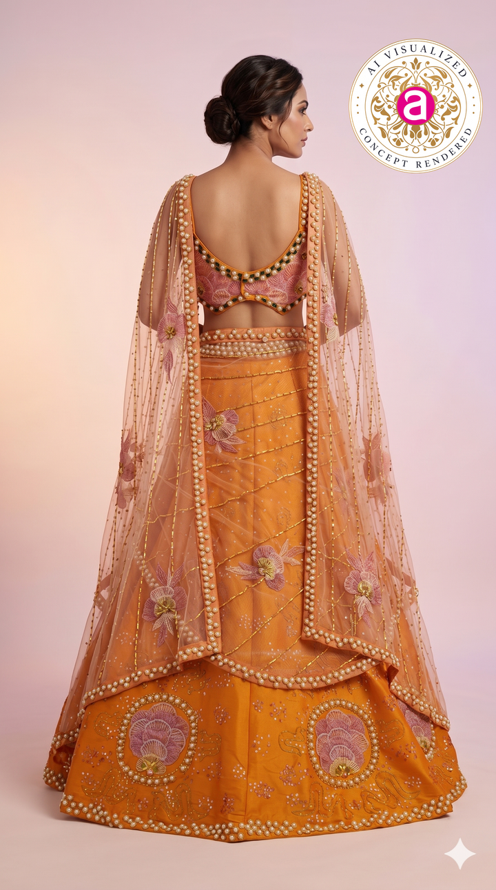 Sunset Orange & Blush Pink Embroidered Designer Lehenga Choli with Net Dupatta