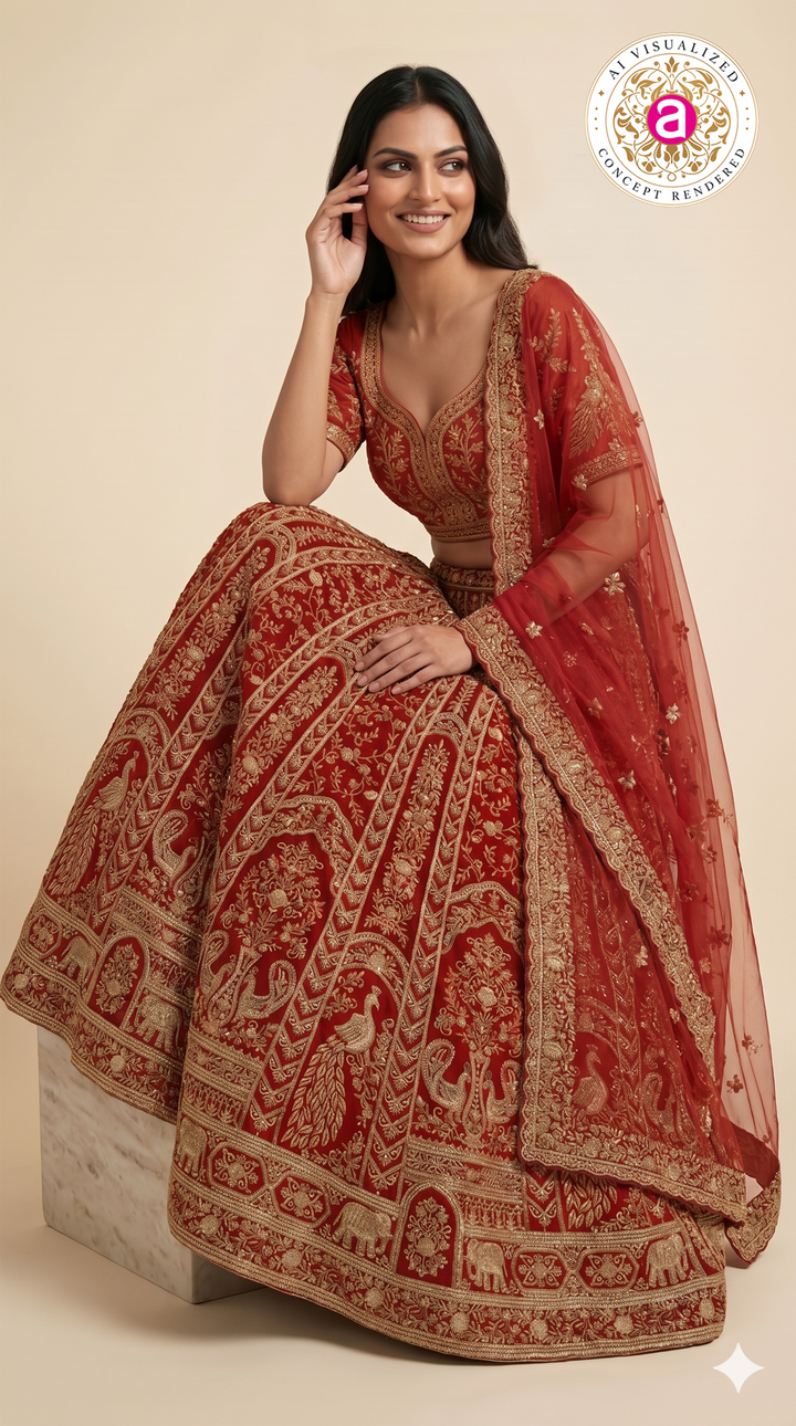 Royal Bridal Red Designer Lehenga Set with Heavy Zari Embroidery & Net Dupatta