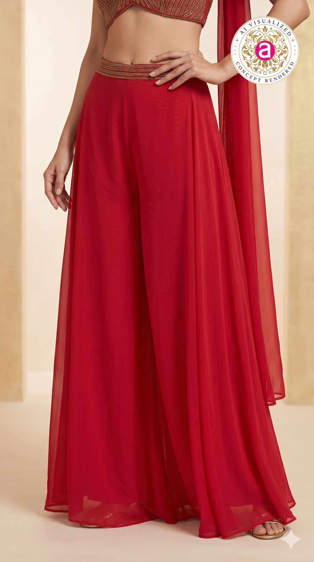Ruby Red Embellished Palazzo Set with Cape Dupatta