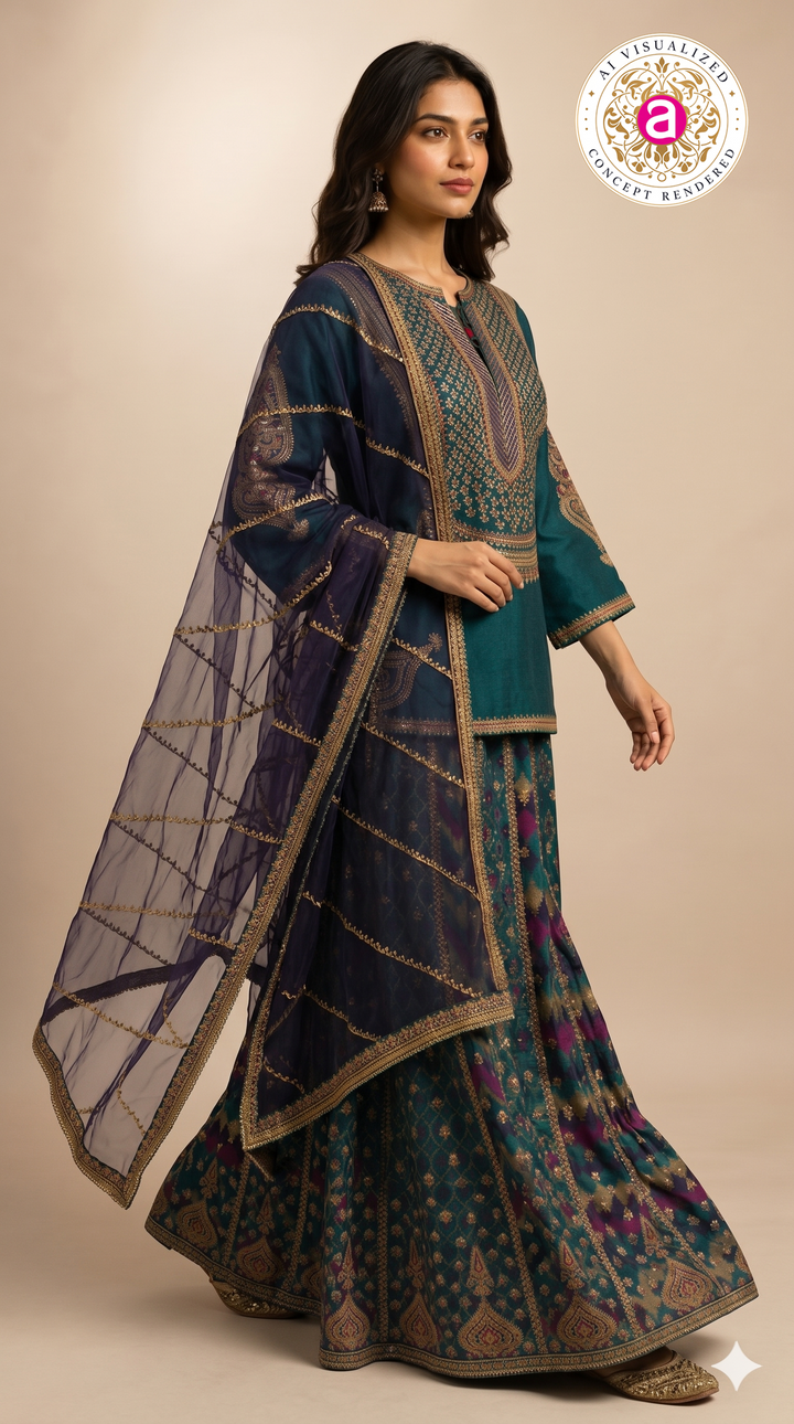 Teal Blue Indo-Western Sharara Set with Embroidered Kurti & Organza Dupatta