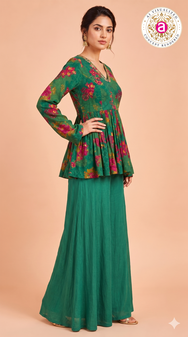 Teal Floral Printed Peplum Top with Palazzo Set