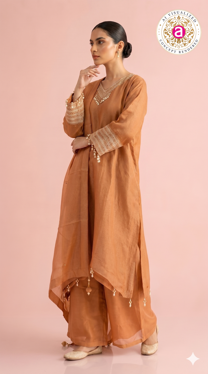 Rust Orange Kaftan Style Kurta Palazzo Set with Dupatta