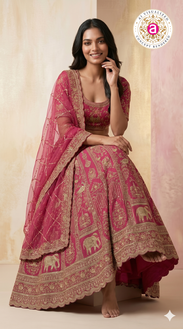 Rani Pink Designer Bridal Lehenga Set with Heavy Zari Embroidery & Net Dupatta