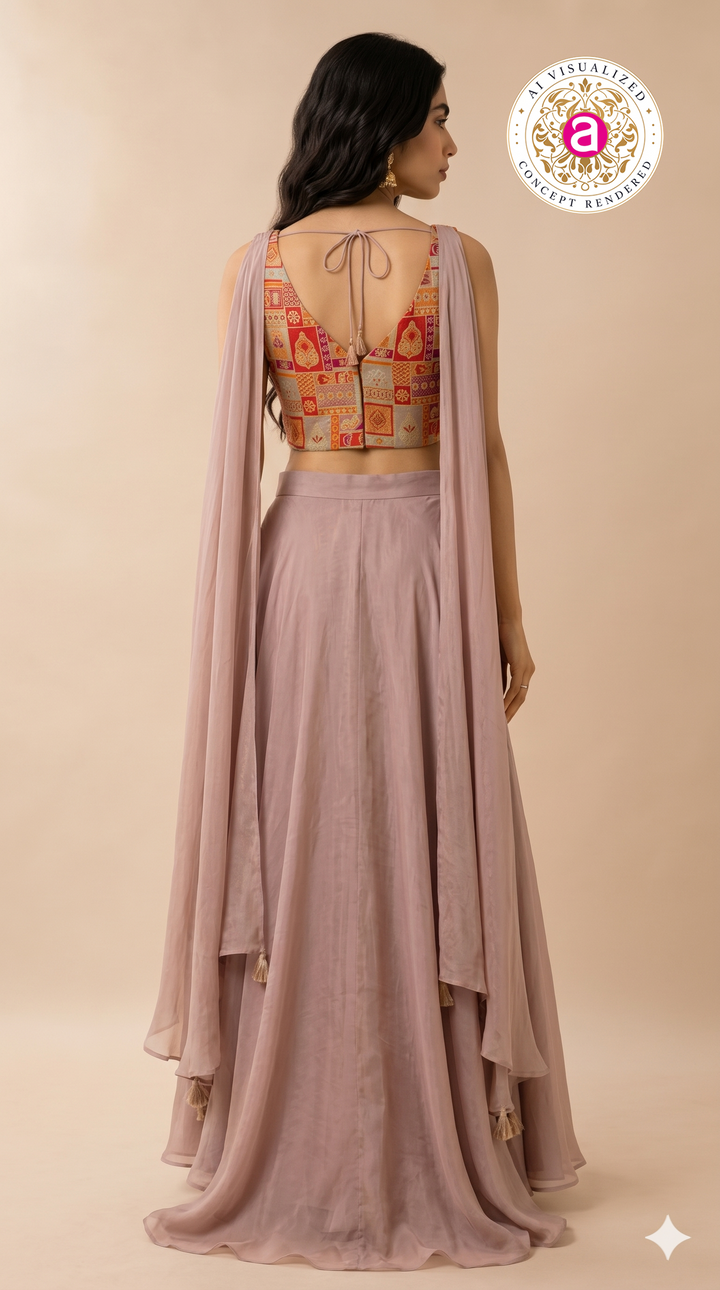 Mauve Palazzo Set with Multicolour Embroidered Blouse & Cape Dupatta