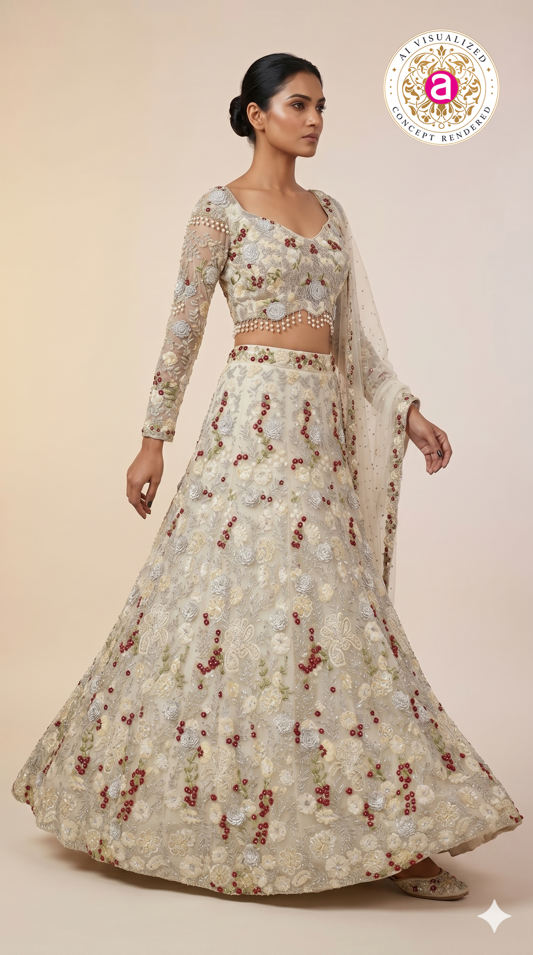 Ivory Pearl Embroidered Bridal Lehenga Set with Floral Handwork & Sheer Dupatta
