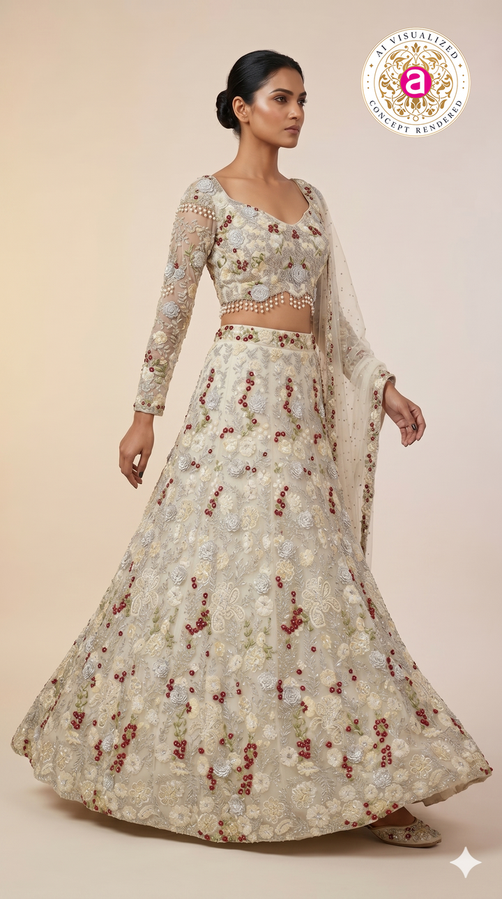 Ivory Pearl Embroidered Bridal Lehenga Set with Floral Handwork & Sheer Dupatta