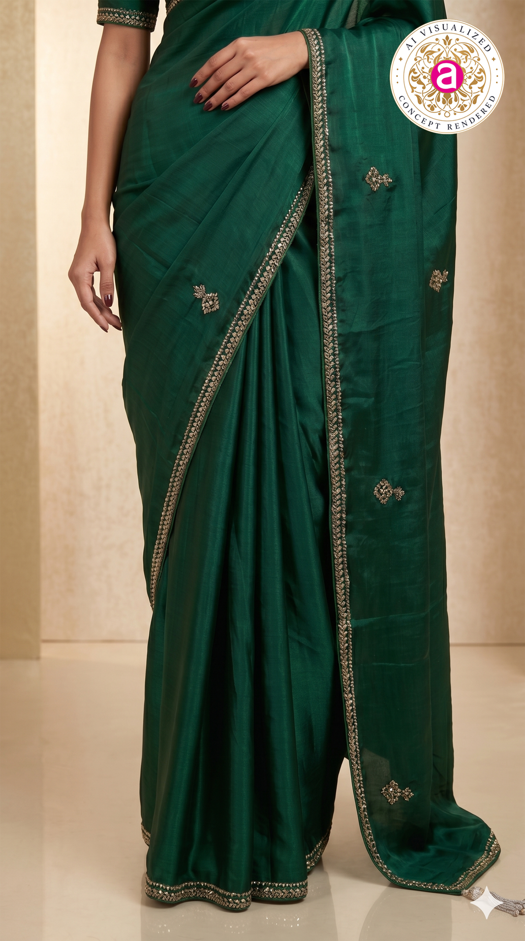 Emerald Green Hand-Embellished Designer Saree with Mirror Work Blouse