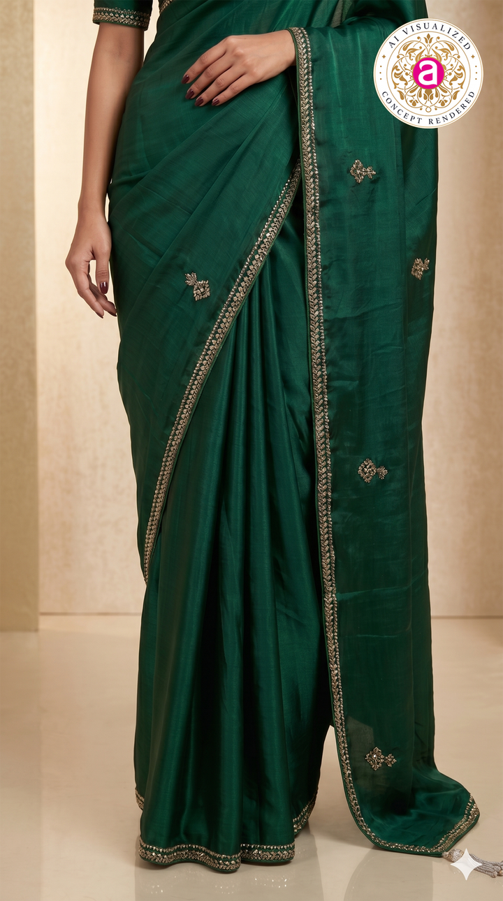 Emerald Green Hand-Embellished Designer Saree with Mirror Work Blouse