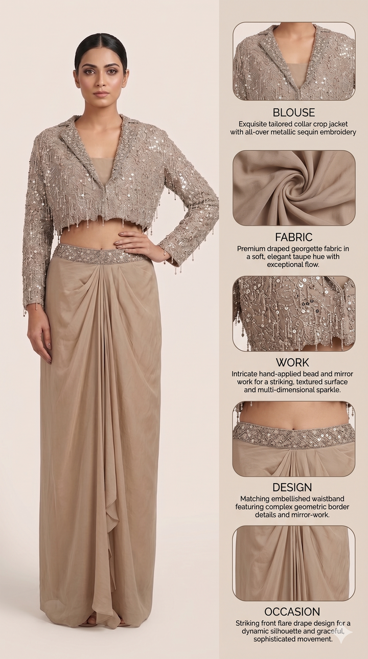 Champagne Beige Embroidered Lehenga Set with Jacket