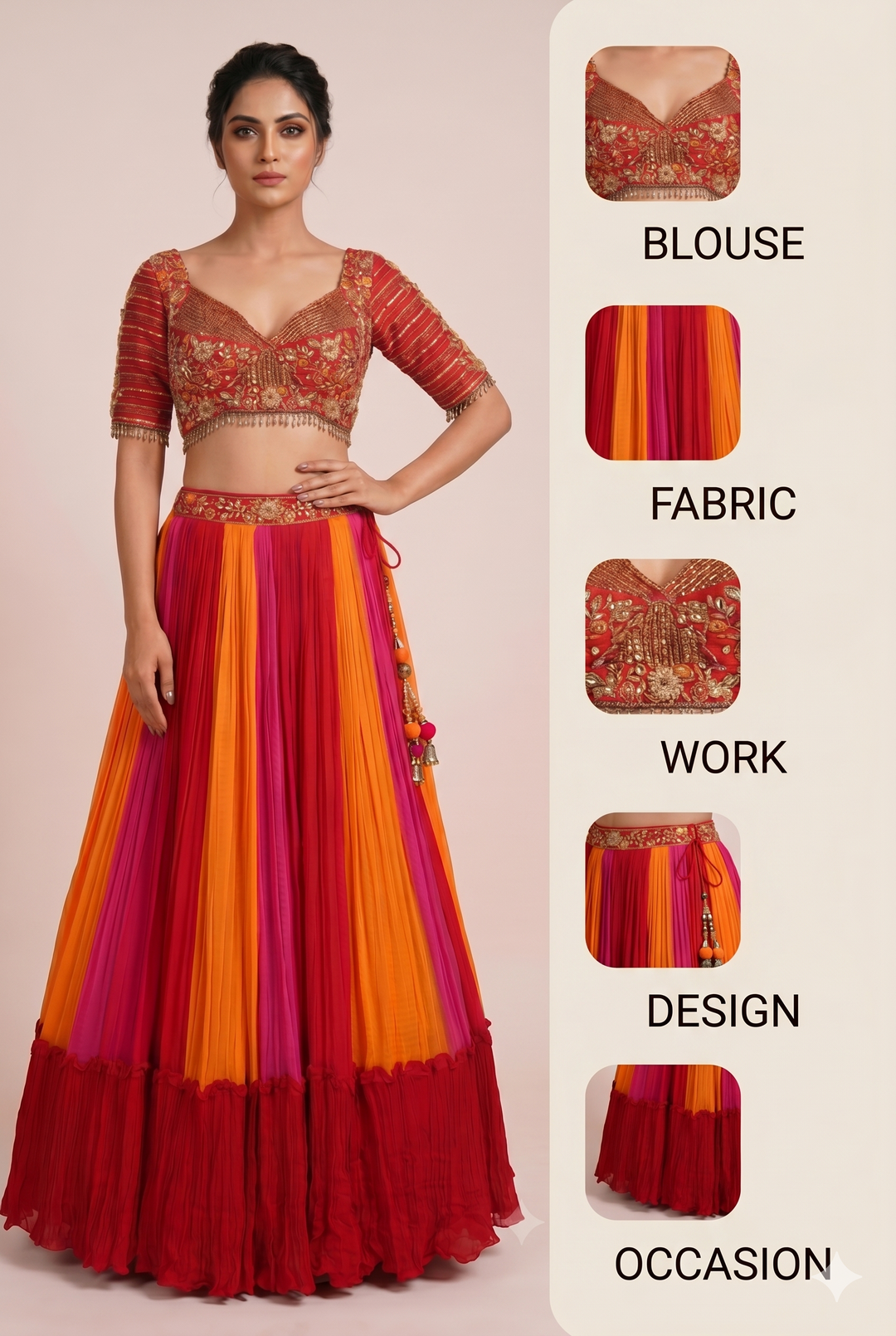 Multicolor Pleated Lehenga Set with Embroidered Blouse
