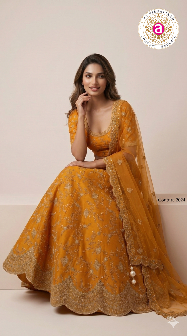 Mustard Yellow Designer Bridal Lehenga Set with Heavy Zari Embroidery & Net Dupatta
