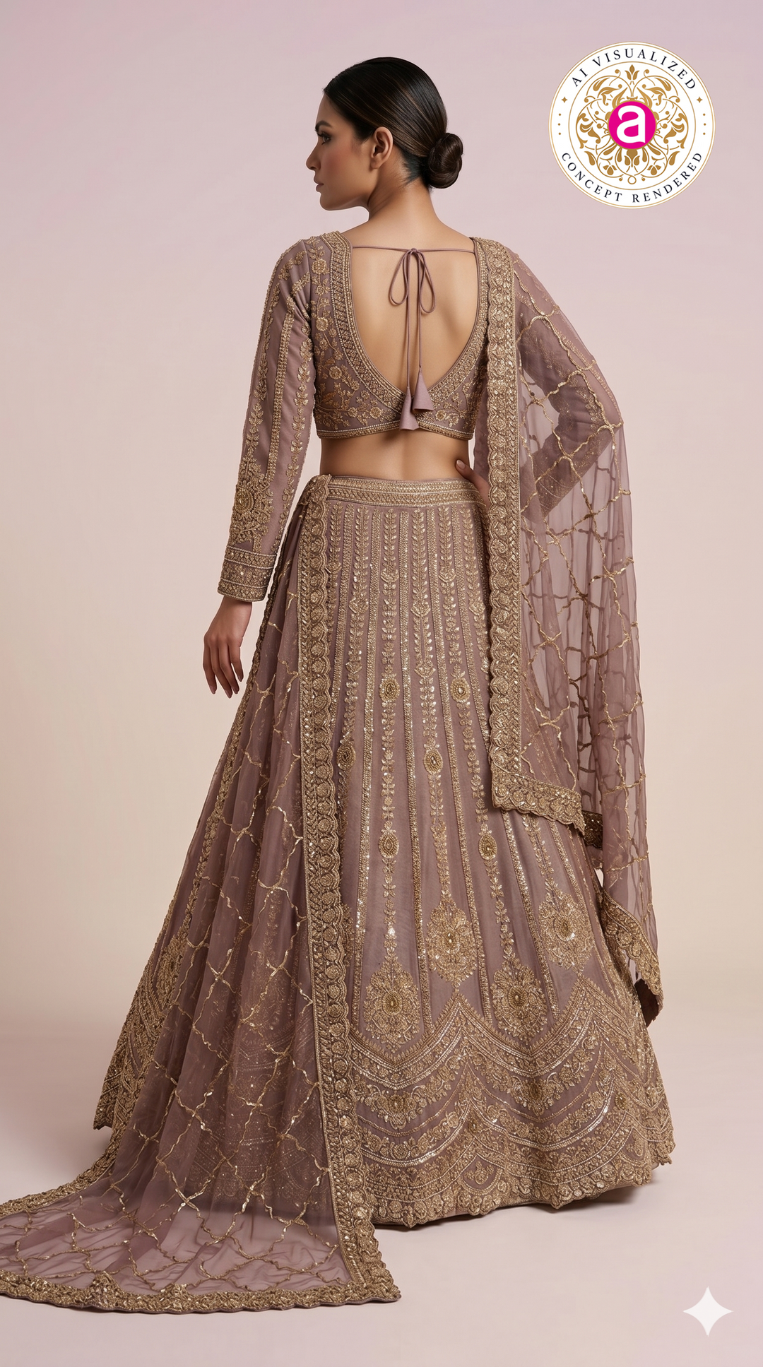 Mauve Gold Designer Lehenga Set with Intricate Zari Embroidery & Embellished Dupatta