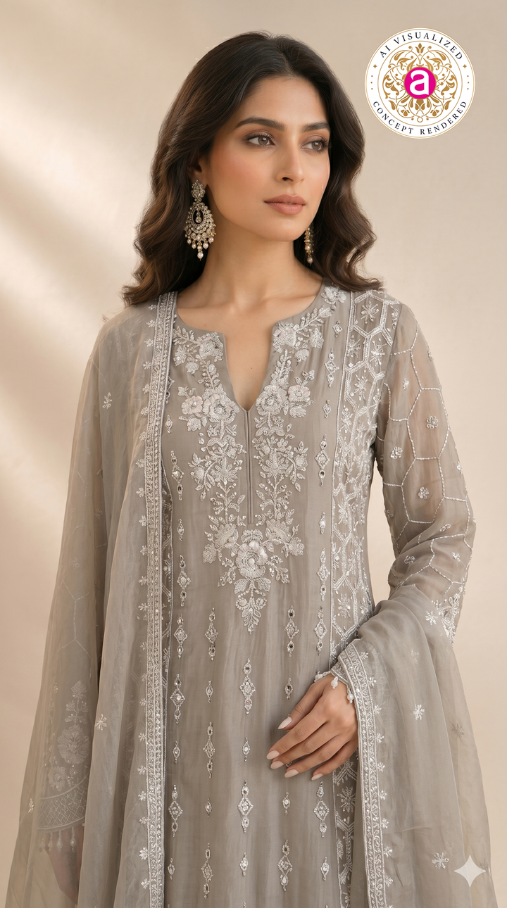 Dusty Grey Embroidered Kurta Palazzo Set with Dupatta