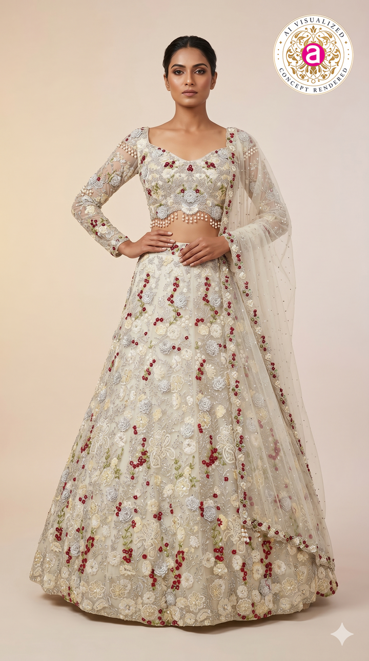 Ivory Pearl Embroidered Bridal Lehenga Set with Floral Handwork & Sheer Dupatta