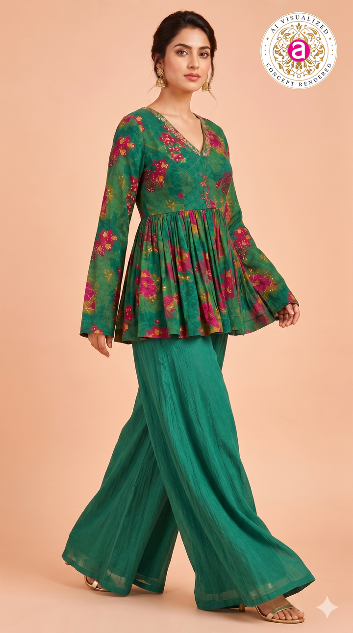 Teal Floral Printed Peplum Top with Palazzo Set