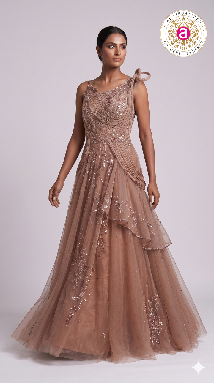 Rose Taupe Embellished Couture Ball Gown with Draped Bodice