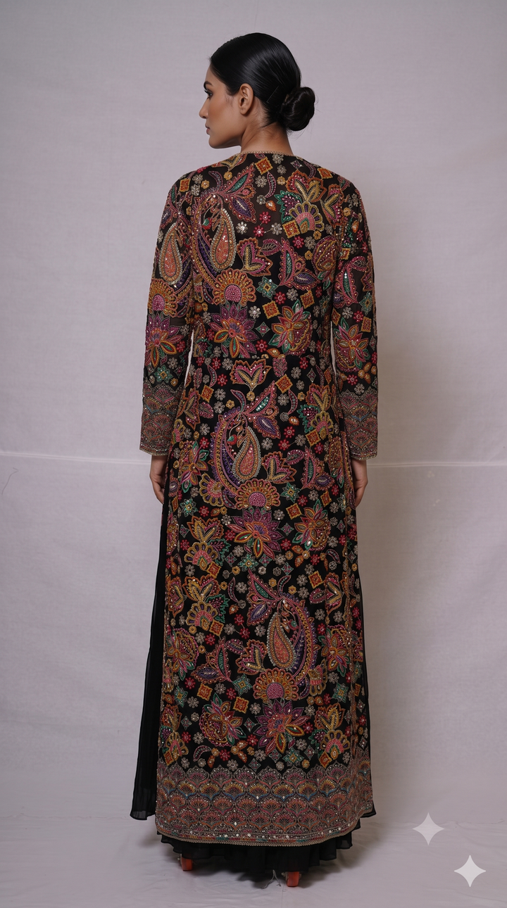 Black Embroidered Jacket Style Gown Set