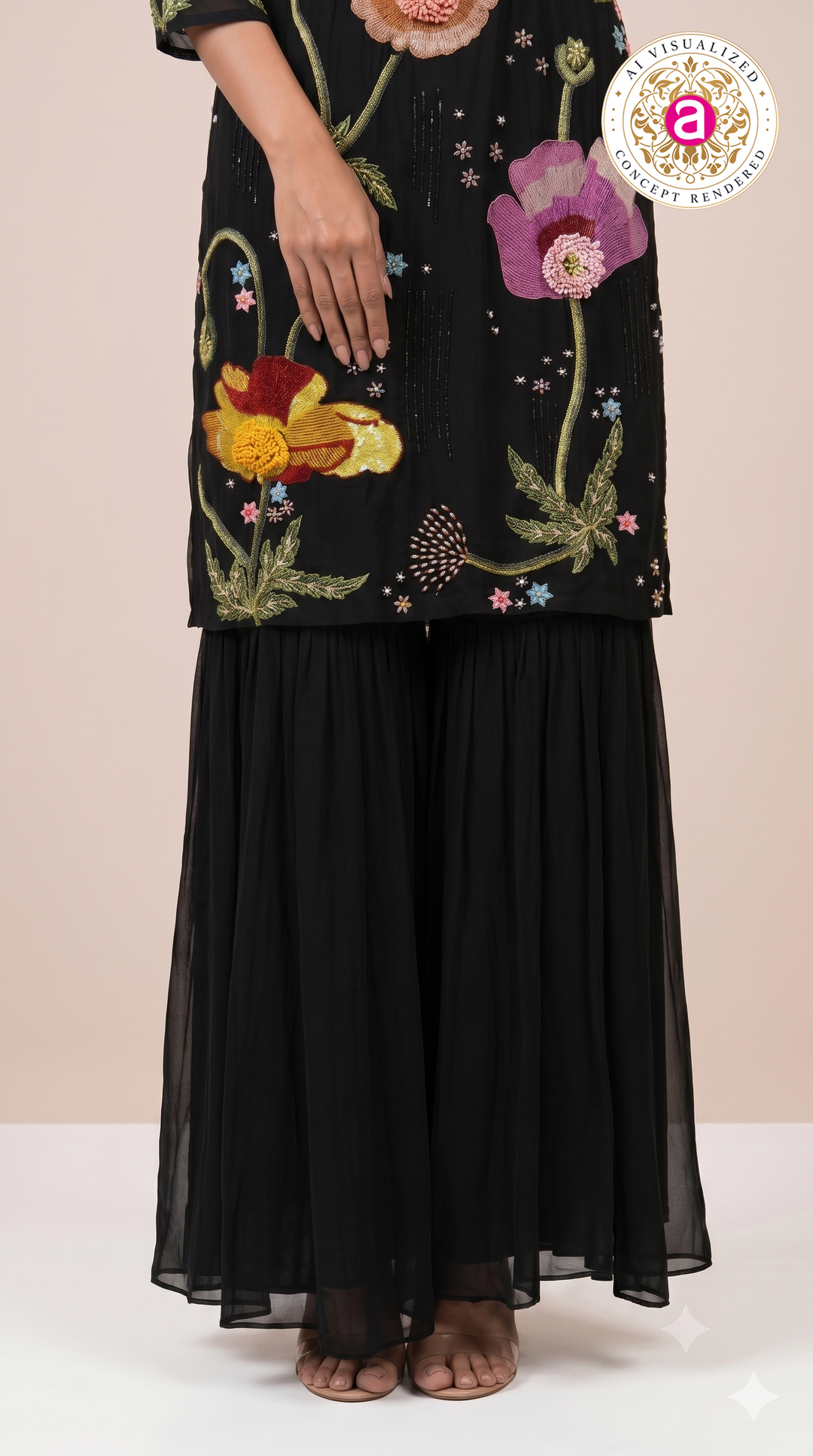 Black Floral Embroidered Kurta Set with Palazzo